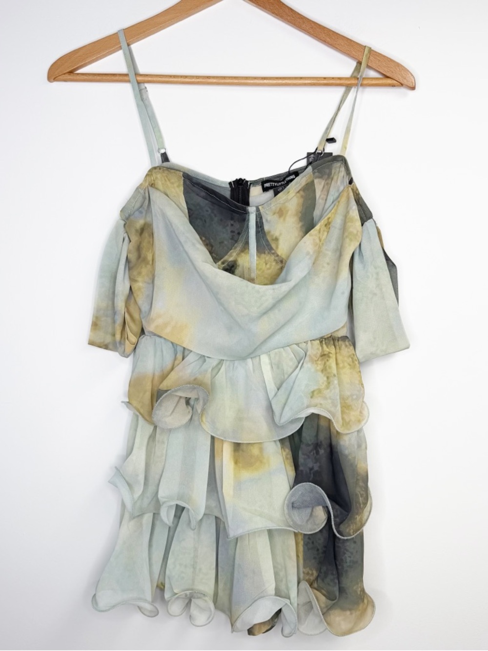 prettylittlething watercolor abstract print chiffon bardot frill detail playsuit